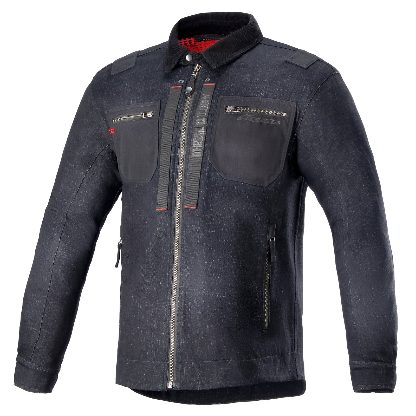 Alpinestars X Diesel AS-DSL Toshio Denim Overshirt, urban motorcycle jacket, Rinse Blue and Black stretch denim with internal armor.