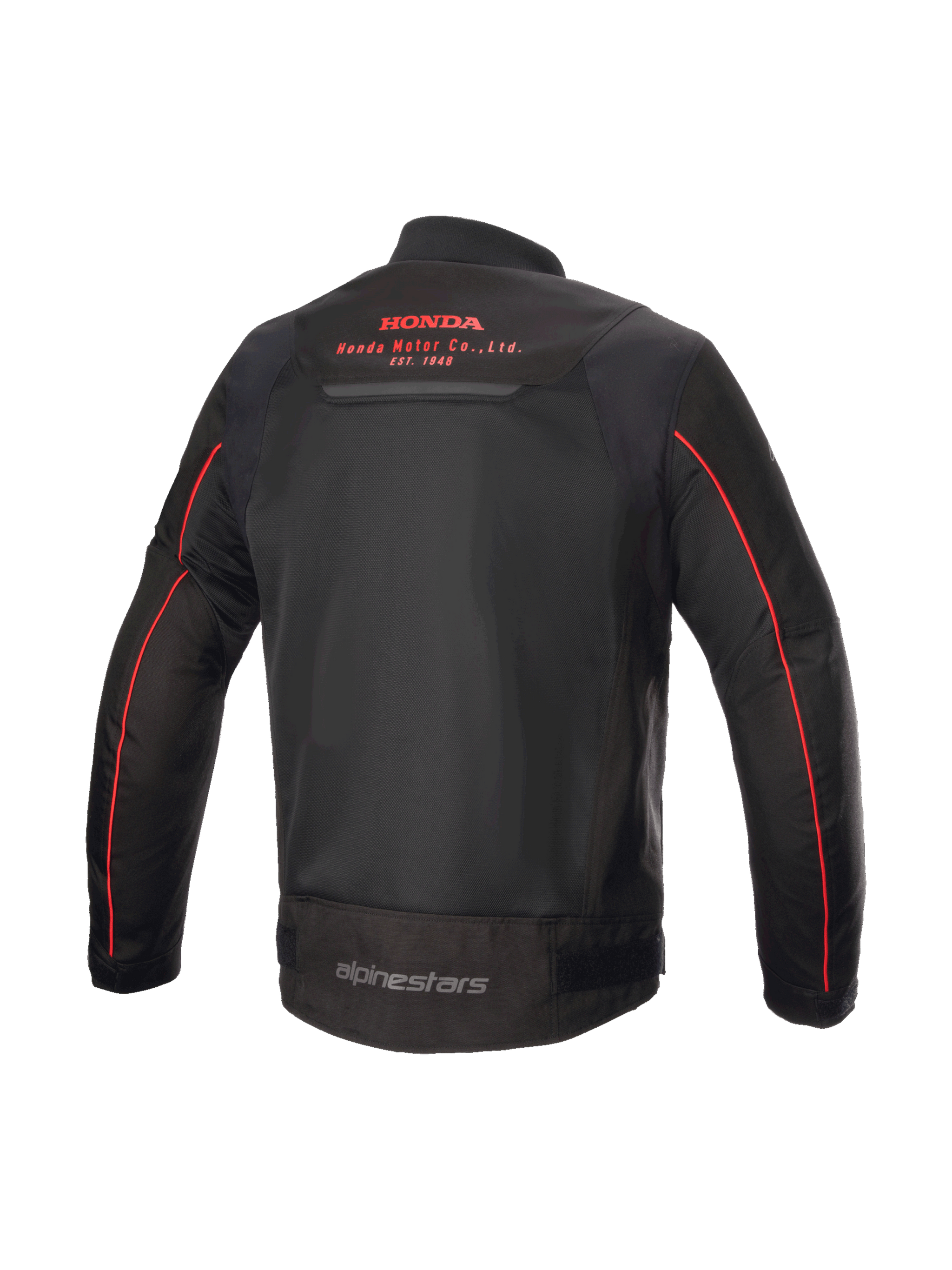 Honda Luc V2 Air Jacket, Alpinestars urban motorcycle jacket in black and red, rear view with mesh panels and Honda logo.