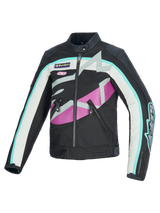 Alpinestars Idles Women’s Jacket, Motorcycle Jacket, Black Off White and Purple, featuring vintage racing-inspired design with bold wrap-around Alpinestars logo and branded patches, textile and leather construction, water-resistant urban riding gear