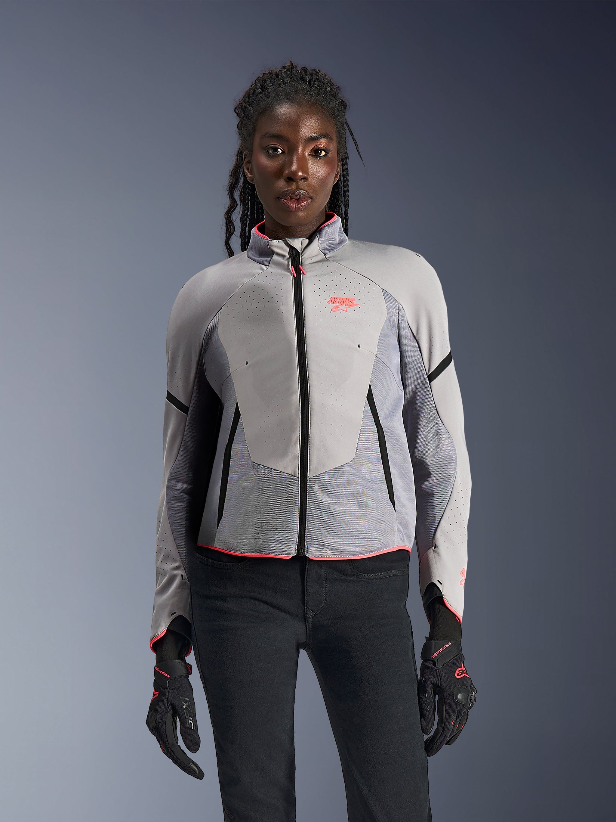 Alpinestars Stella Aeroshell Airflow Jacket, Women's Motorcycle Riding Jacket, Mid Gray and Anthracite, Laser Perforated Softshell with Pink Accents and Breathable Mesh Panels.