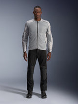 Alpinestars C-1 Air Jacket in Silver, men's urban textile motorcycle jacket with ventilated mesh panels, worn by a model with black riding pants and black boots, contemporary commuting style