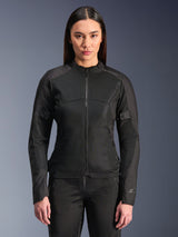 Alpinestars Stella C-1 Air Jacket, Women's Motorcycle Jacket, Black, model wearing a sleek zipped jacket with tech mesh panels, slim fit design with subtle reflective logos on the shoulder and sleeve cuff
