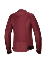 Alpinestars Stella C-1 Air Jacket, Woman's Motorcycle Jacket, Burgundy, back view featuring large tech mesh panels for airflow, reflective logo at the neck, and adjustable waist straps, urban riding gear