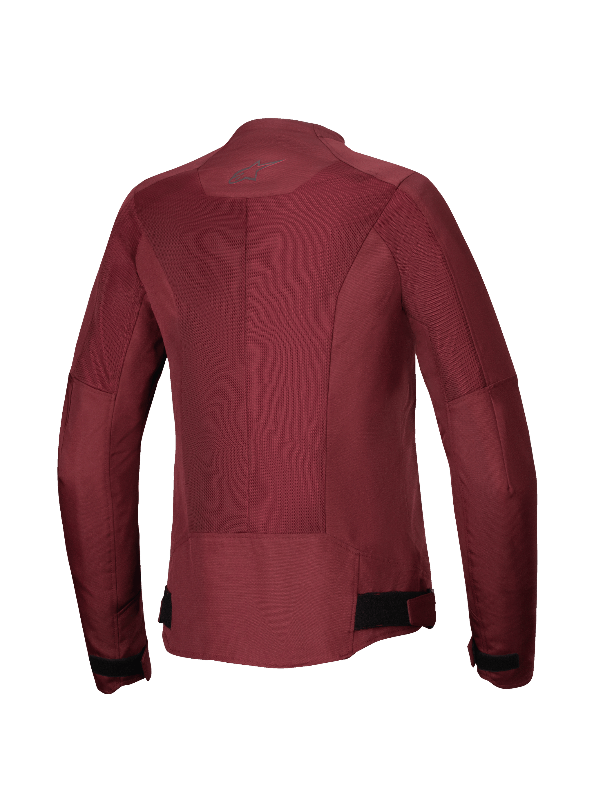 Alpinestars Stella C-1 Air Jacket, Woman's Motorcycle Jacket, Burgundy, back view featuring large tech mesh panels for airflow, reflective logo at the neck, and adjustable waist straps, urban riding gear