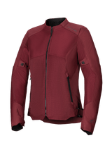 Alpinestars Woman Stella C-1 Air Jacket, Burgundy motorcycle jacket, featuring large tech mesh panels for airflow, central black zipper, zippered hand pockets, and adjustable waist and sleeve tabs, designed for urban riding