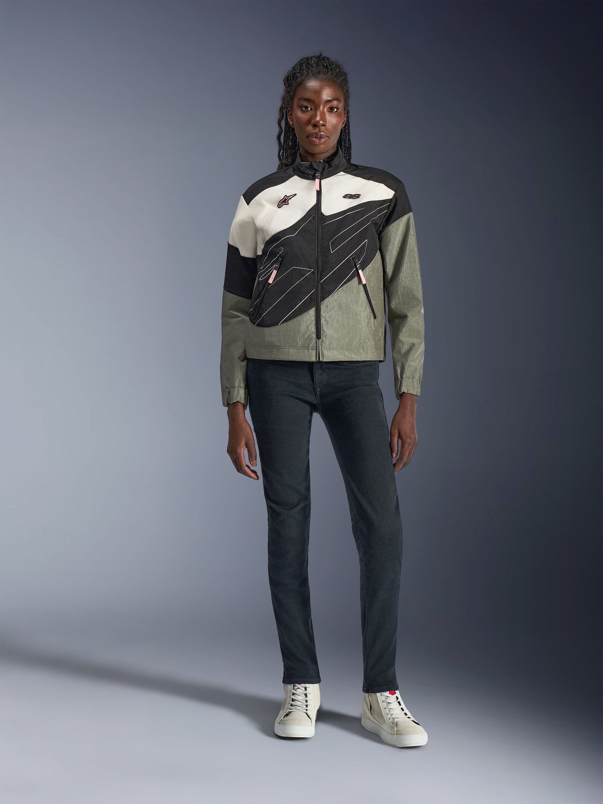Alpinestars Stella Moshell Jacket, Women's Urban Textile Jacket, Gray and Black, Asymmetrical Graphics, worn by a model.