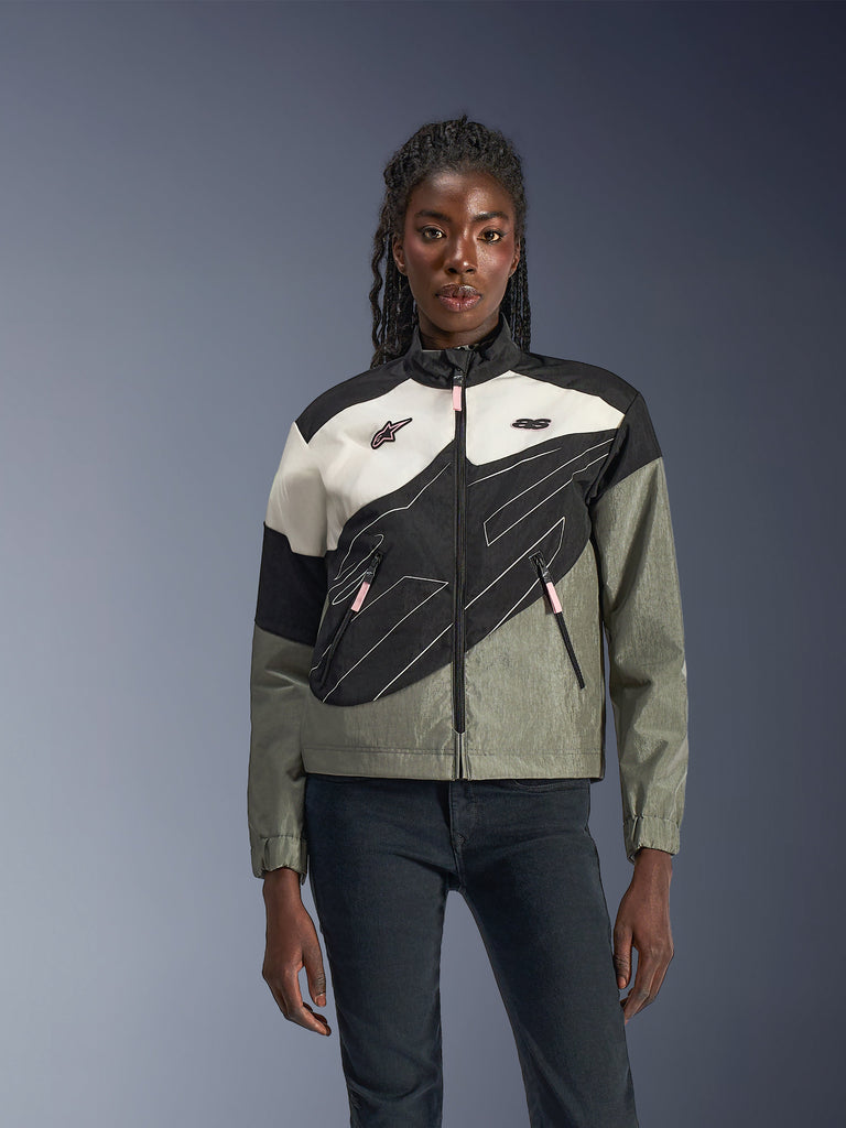 Alpinestars Stella Moshell Jacket, women's windproof urban motorcycle jacket in gray and black textile with pink details.