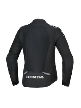 Alpinestars Honda Woman Stella T-SPS Air V2 Jacket, Rear View, Black with Dark Gray and Ice Gray accents, featuring a large tech mesh back panel and white Honda logo on the lower back, performance-orientated women's specific fit.
