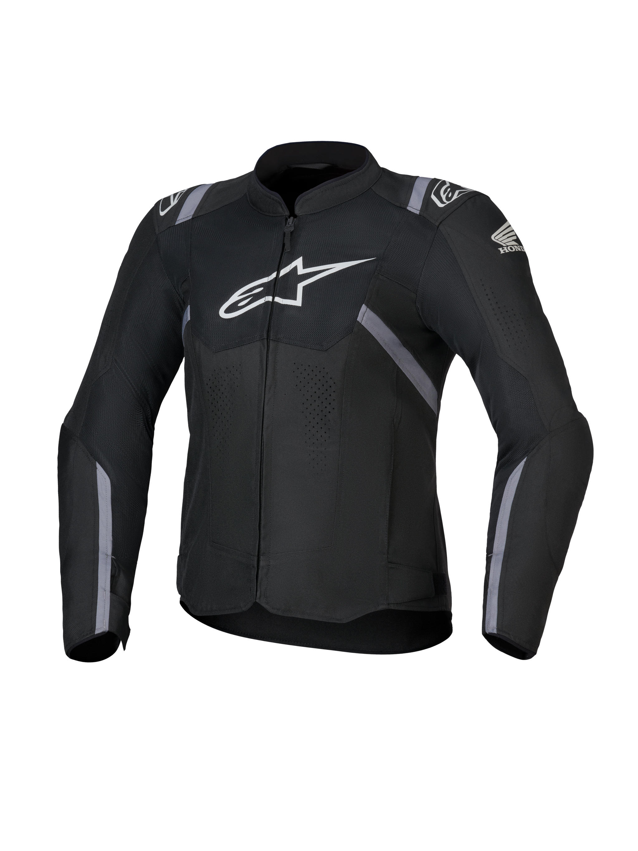 Honda Woman Stella T-SPS Air V2 Jacket, Women's Textile Motorcycle Jacket, Black with white Alpinestars and Honda logos, gray stripe accents, perforated mesh panels for airflow, sport riding fit
