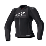 Alpinestars Women Stella SMX Air Jacket, Black textile and mesh motorcycle jacket, white logo on chest, front zipper, high collar, external shoulder sliders, breathable mesh construction, sporty design for summer riding