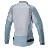 Alpinestars Eloise V2 Women's Air Jacket, back view, Sage Dark Gray, extensive mesh panels for cooling, black adjustable waist straps, elongated rear profile, modern textile motorcycle jacket designed for women