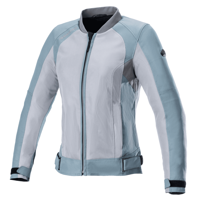 Alpinestars Eloise V2 Women's Air Jacket, Motorcycle Jacket, Sage and Dark Gray, bomber-style design with extensive mesh panels, adjustable waist and cuff straps, high collar, front zipper, breathable construction for warm-weather riding
