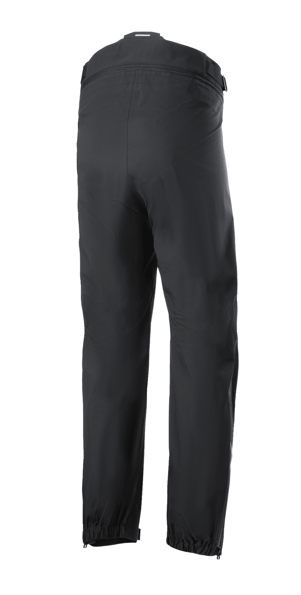 Alpinestars AMT Storm Gear Drystar® XF Pant, Black Motorcycle Overtrousers, rear view featuring a full circumference zippered waist connector, elasticated hems, and zippered leg openings for wet weather riding.