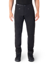 Alpinestars Alden Pants, Black Urban Motorcycle Pants, front view, technical stretch softshell fabric, integrated belt with magnetic buckle, zippered front pockets, quilted knee detailing, slim-fit silhouette, styled with black riding shoes