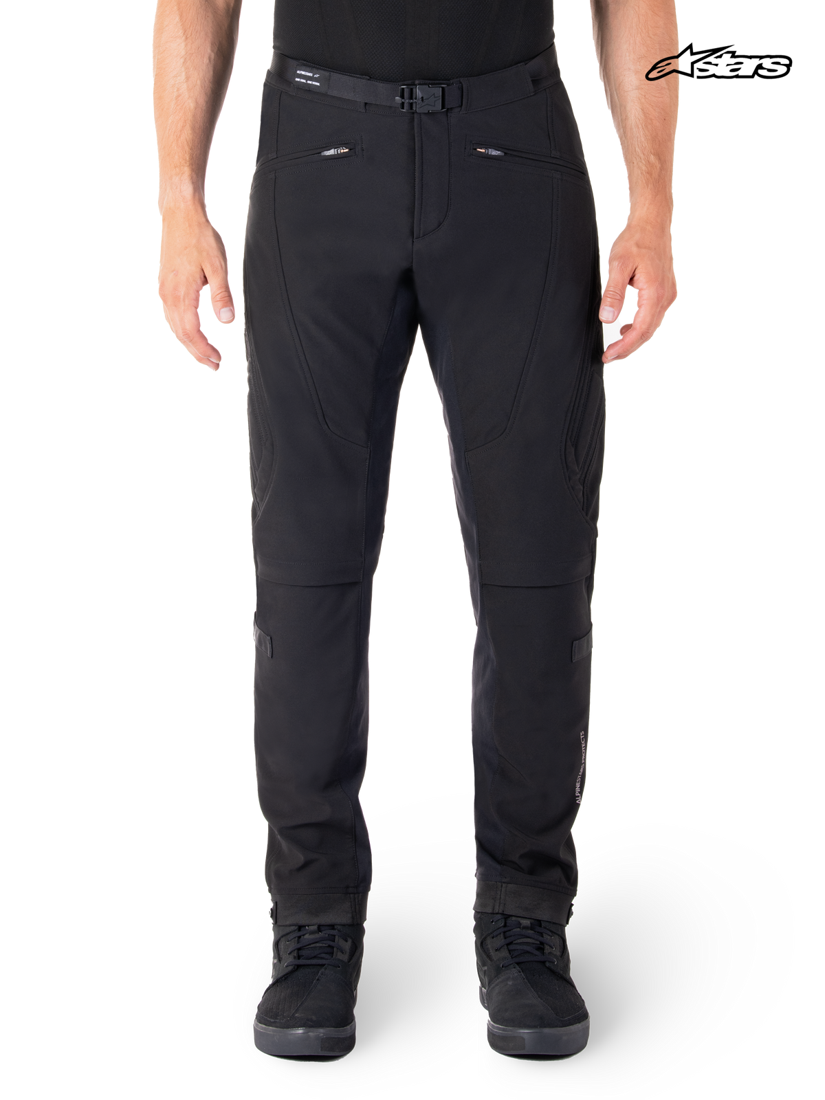 Alpinestars Alden Pants, men's urban contemporary motorcycle textile pants, Black, worn by a model, featuring stretch softshell construction and CE certified protection