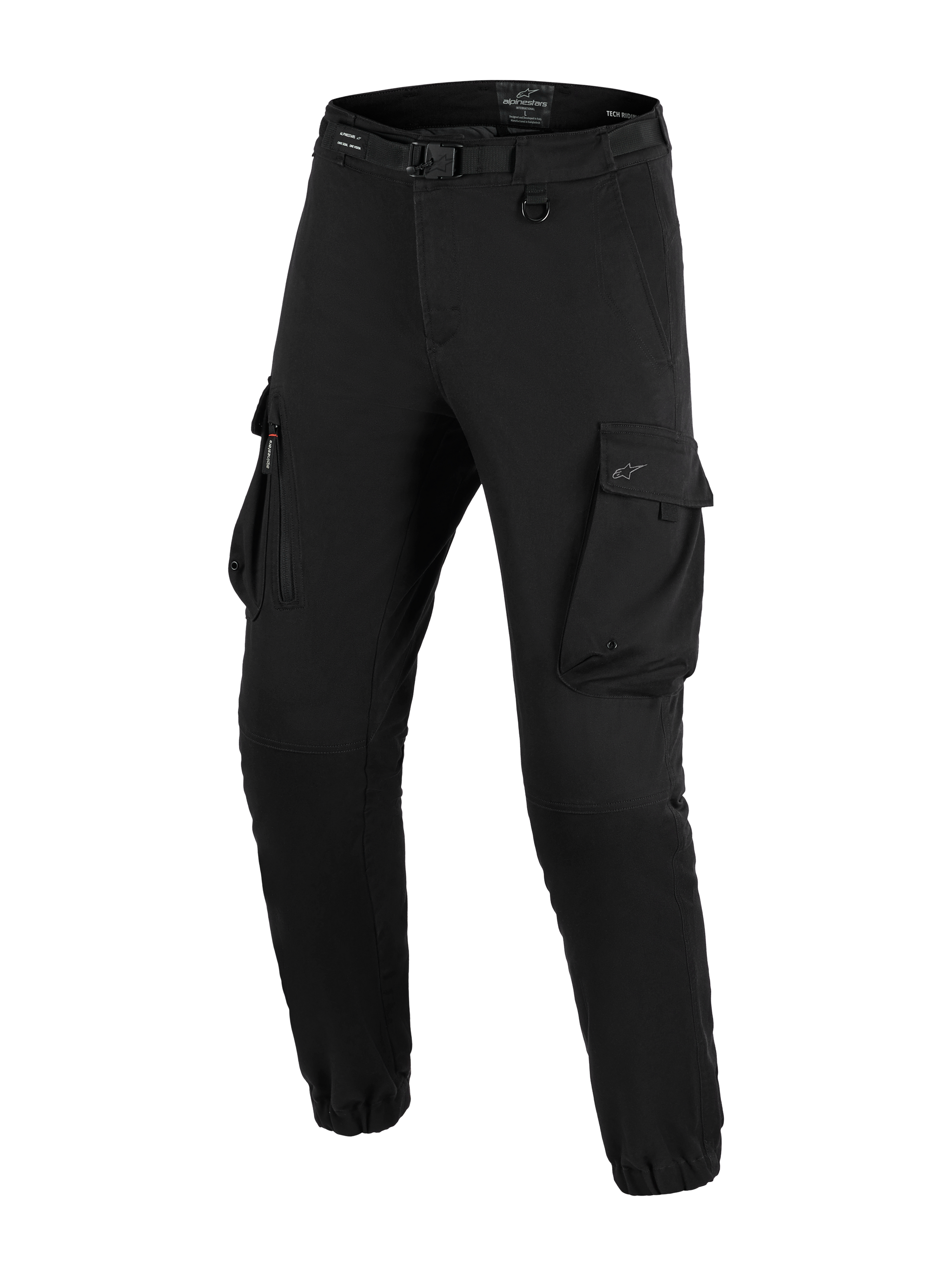 Alpinestars Flex-AST Cargo Pants - Short, Urban Motorcycle Pants, Black, regular tapered fit with elasticated hems, featuring integrated belt with buckle, D-ring, and large side cargo pockets.