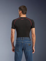 Alpinestars Flex-AST 5 Denim Pants, Indigo Washed, back view showing regular tapered fit, worn with black short-sleeve base layer with red stitching, casual urban motorcycle riding jeans.