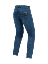 Alpinestars Flex-AST 5 Denim Pants, Urban Motorcycle Pants, Indigo Washed blue, rear view showing tapered fit and back pockets with black Alpinestars branding patch