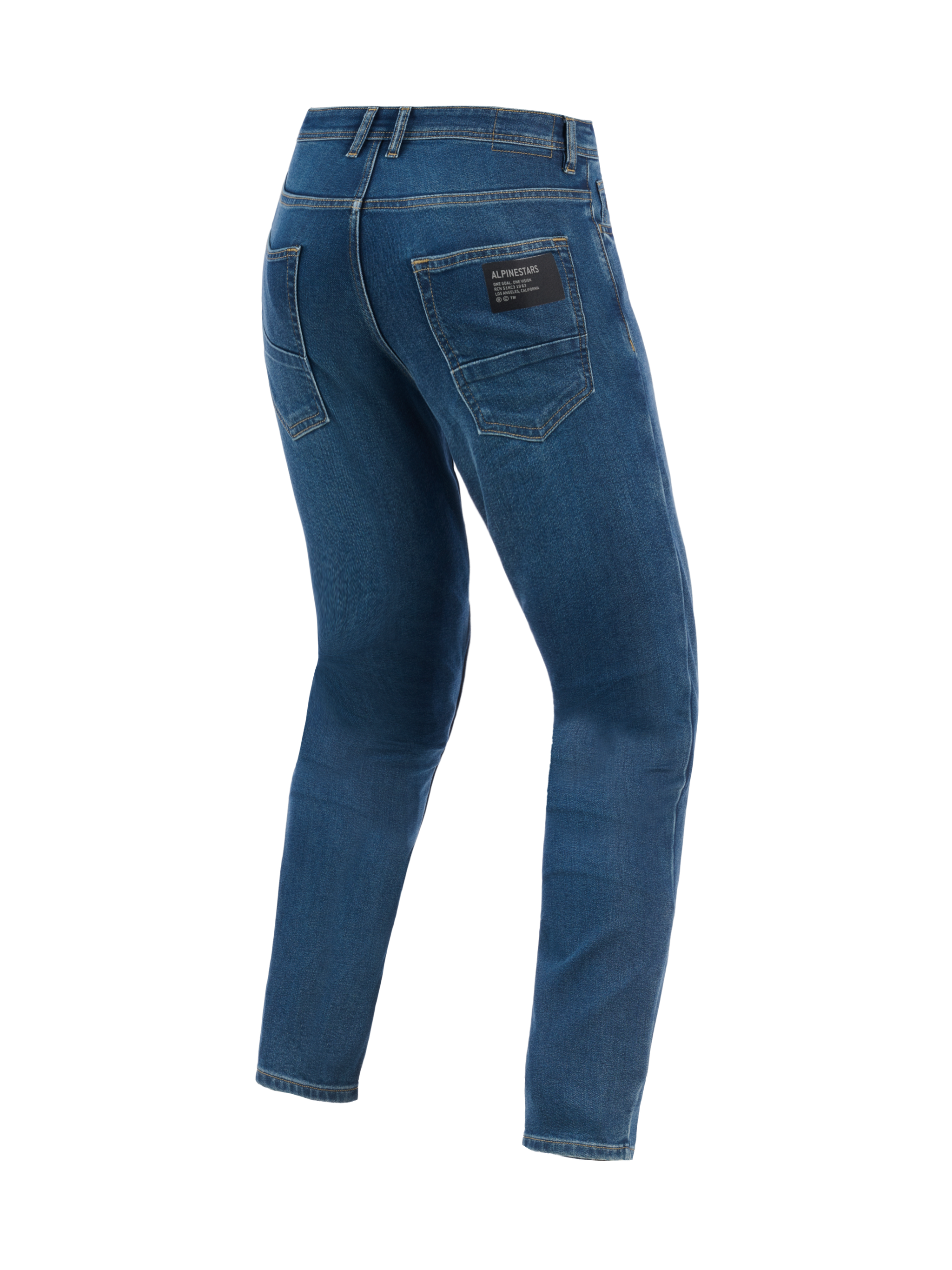 Alpinestars Flex-AST 5 Denim Pants, Urban Motorcycle Pants, Indigo Washed blue, rear view showing tapered fit and back pockets with black Alpinestars branding patch