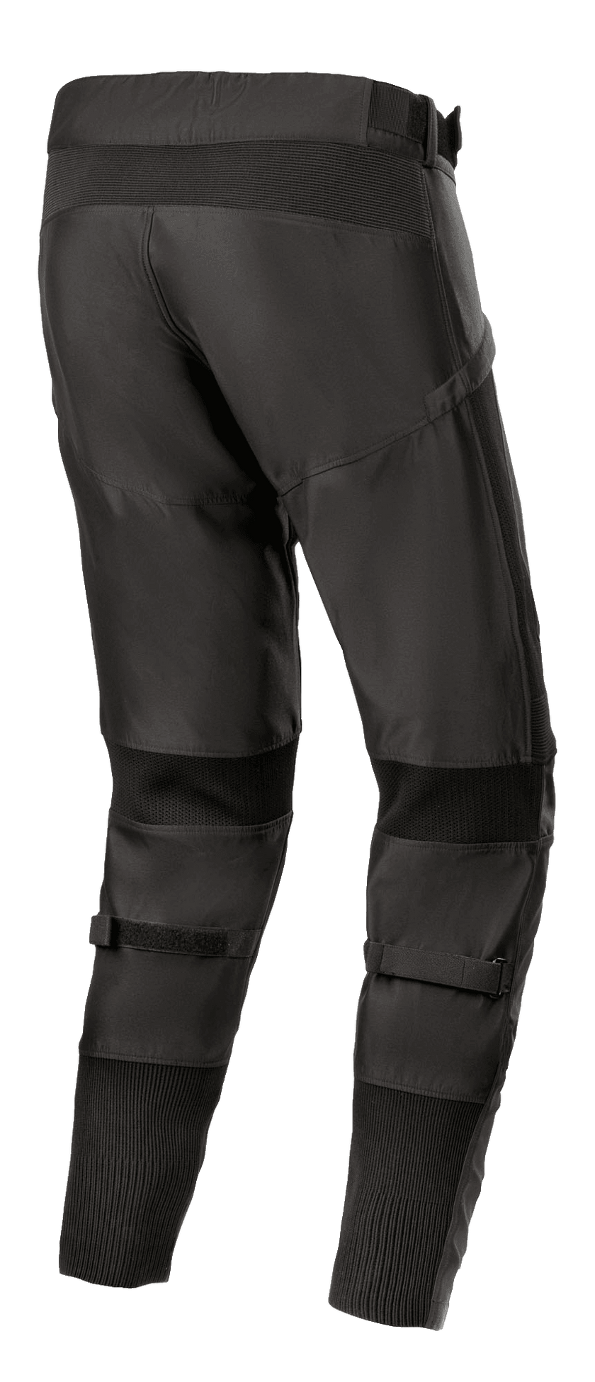 Alpinestars T SP-5 Rideknit® Pants, Textile Motorcycle Pants, Black, rear view highlighting high back profile and tapered fit, featuring knitted technology stretch panels behind knees and ankles, adjustable calf straps, performance road riding gear