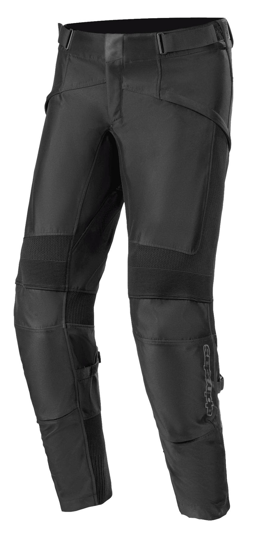 Alpinestars T SP-5 Rideknit Pants, Black Textile Motorcycle Riding Pants, featuring ribbed stretch panels at the knees, adjustable waist straps, durable knit sections for flexibility, and a slim tapered fit for sport performance.