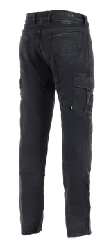 Alpinestars Barton Riding Cargo Pants, Black Motorcycle Riding Pants, rear view featuring cargo pocket on the side, back pockets with spiral logo detail, Oscar by Alpinestars branding on the waistband, casual denim-style knitted fabric.