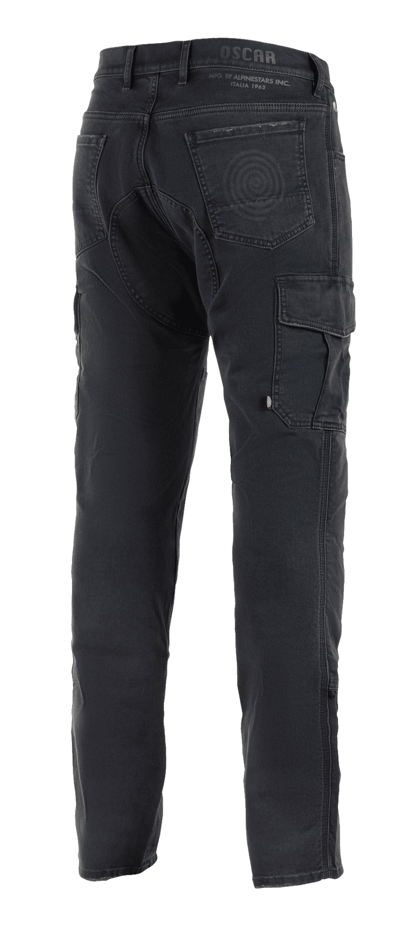Alpinestars Barton Riding Cargo Pants, Black Motorcycle Riding Pants, rear view featuring cargo pocket on the side, back pockets with spiral logo detail, Oscar by Alpinestars branding on the waistband, casual denim-style knitted fabric.