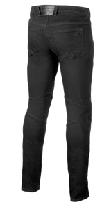 Alpinestars Radium V2 Denim Pants, Motorcycle Riding Jeans, Black Rinse, rear view showing five-pocket styling, tonal branding on the back pocket and waistband patch, and engineered stitching on the back of the knees for a tapered fit