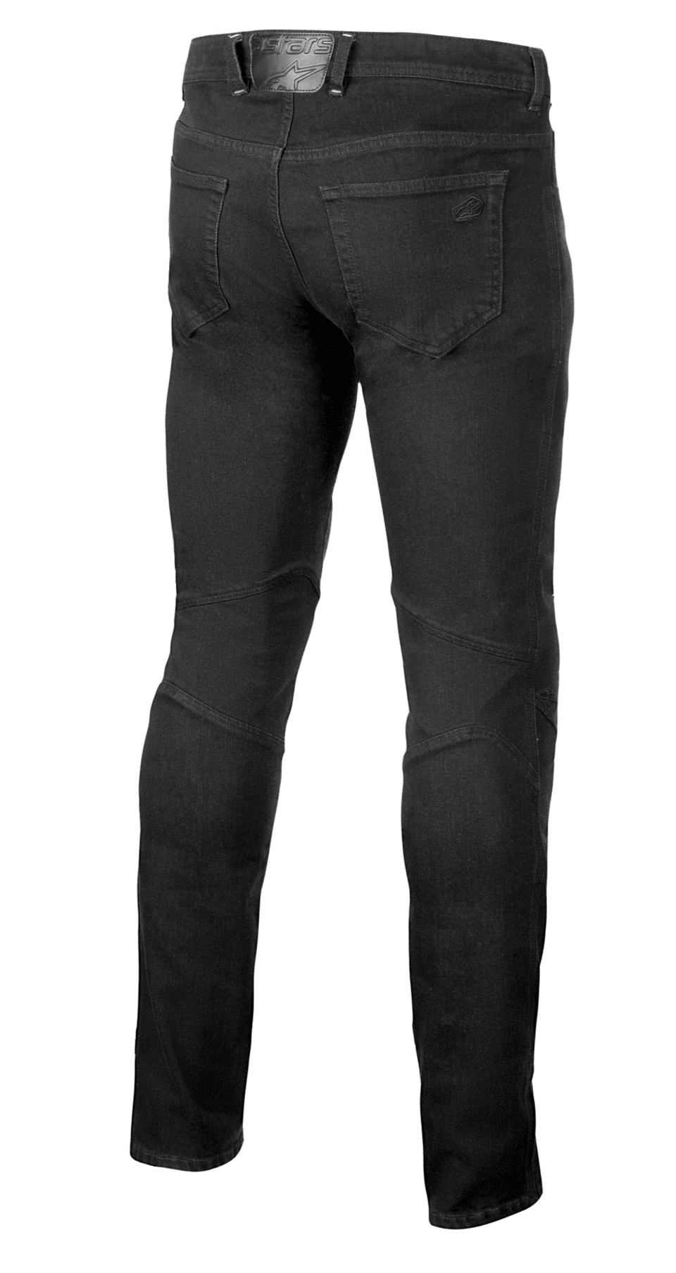 Alpinestars Radium V2 Denim Pants, Motorcycle Riding Jeans, Black Rinse, rear view showing five-pocket styling, tonal branding on the back pocket and waistband patch, and engineered stitching on the back of the knees for a tapered fit