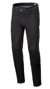 Alpinestars Radium V2 Denim Pants, Motorcycle Riding Jeans, Black Rinse, featuring a regular tapered leg, five-pocket design, belt loops, button and zipper closure, dark denim fabric