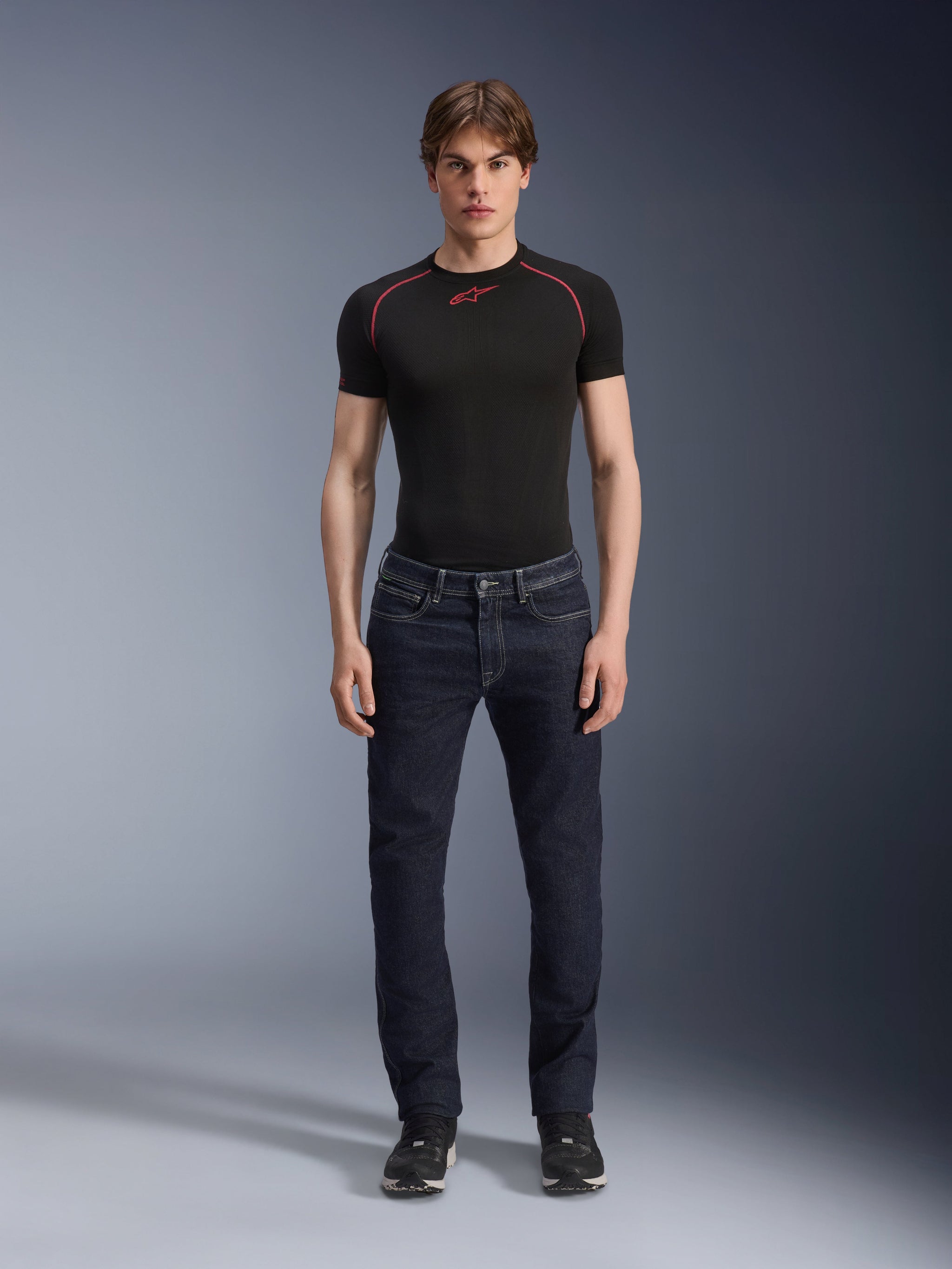 Alpinestars Copper V3 Denim Pants, Rinse Blue, worn by a model with a black base layer and sneakers, straight-leg motorcycle jeans, urban riding apparel featuring a regular comfort fit and classic five-pocket design