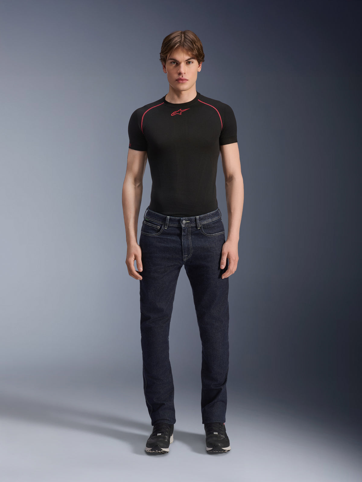 Alpinestars Copper V3 Denim Pants, Rinse Blue, worn by a model with a black base layer and sneakers, straight-leg motorcycle jeans, urban riding apparel featuring a regular comfort fit and classic five-pocket design
