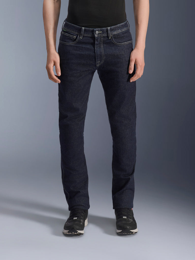 Alpinestars Copper V3 Denim Pants, Men's Urban Motorcycle Riding Jeans, Rinse Blue, stretch cotton denim construction with regular fit and straight leg cut, front view on model.