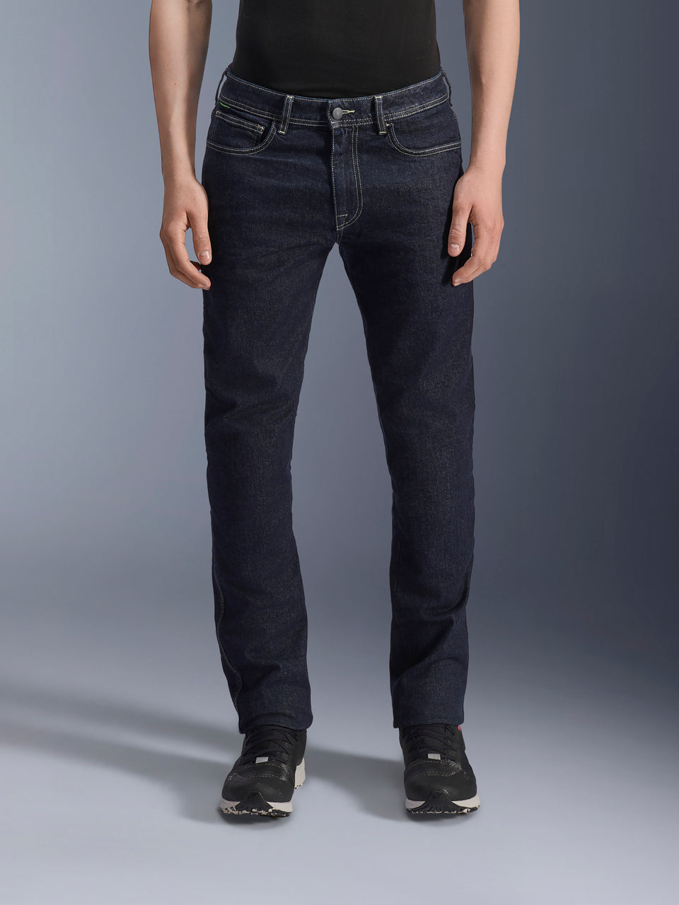 Alpinestars Copper V3 Denim Pants, men's urban motorcycle riding jeans in rinse blue, front view on a model showing regular straight leg fit and stretch cotton denim construction
