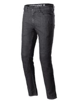 Alpinestars Cerium Denim Tech Riding Pants, Motorcycle Riding Jeans, Black Washed, slim fit, classic five-pocket design, heavy-duty denim construction, belt loops, button and zipper closure, contemporary urban riding gear