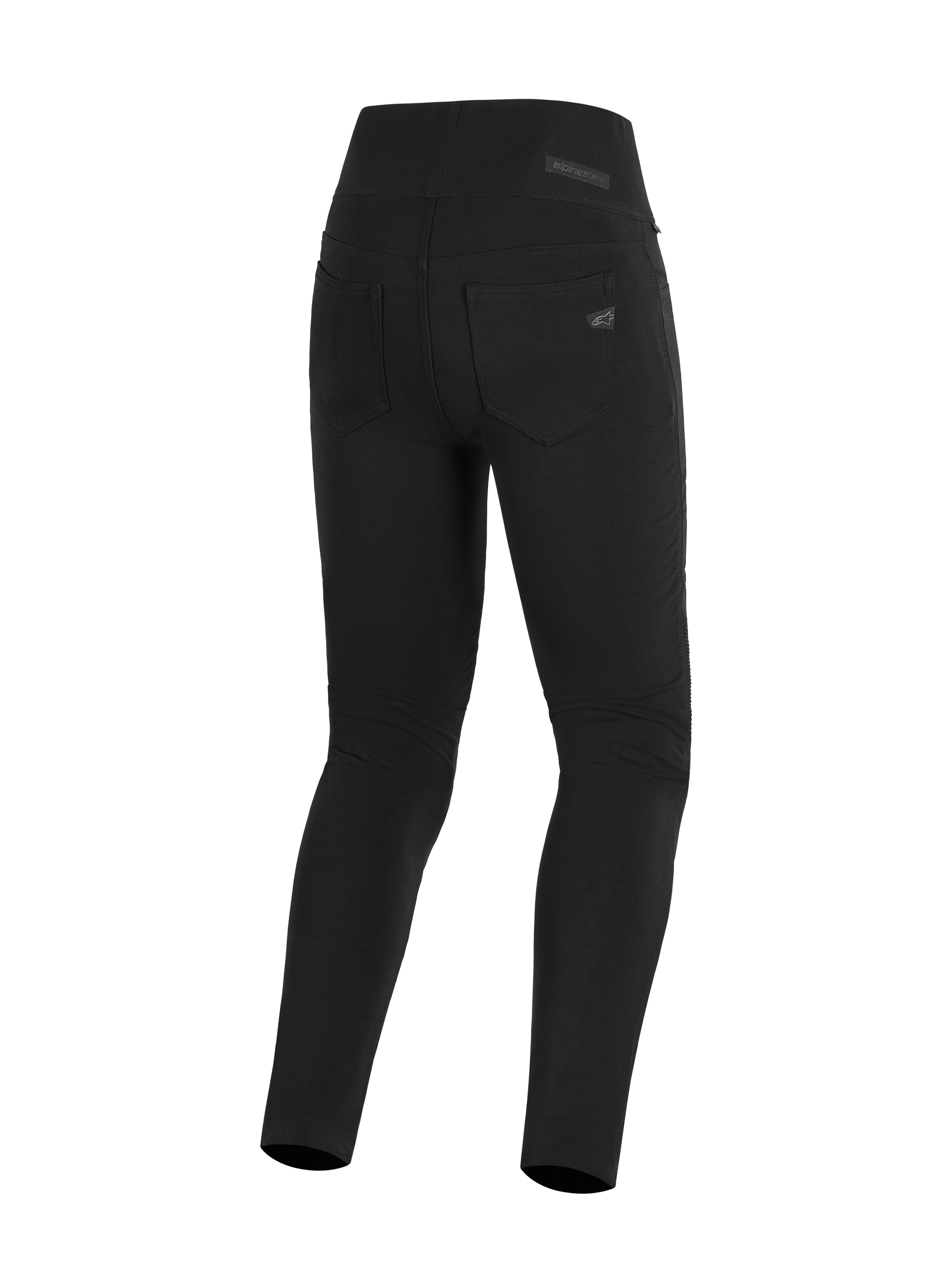 Alpinestars Stella Flex-Ast Leggings, Women's Motorcycle Leggings, Black, Rear view featuring high-rise waistband and functional back pockets, sleek urban riding gear with subtle Alpinestars logo on the pocket.