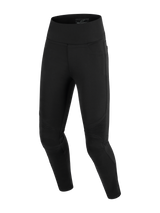 Alpinestars Stella Flex-Ast Leggings, Women's Motorcycle Leggings, Black, featuring a high-waisted design and ribbed accordion panels at the knees, slim-fit textile construction for urban road riding