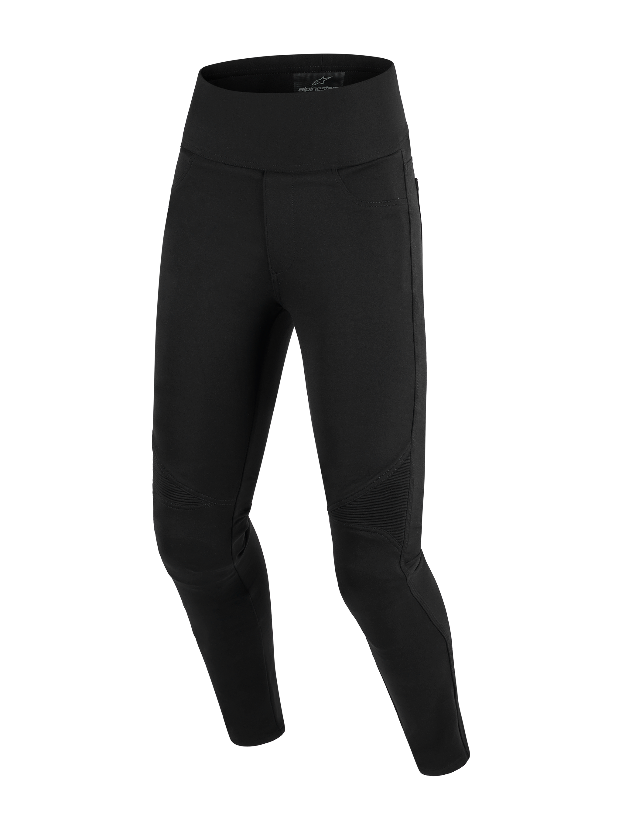 Alpinestars Stella Flex-Ast Leggings, Women's Motorcycle Leggings, Black, featuring a high-waisted design and ribbed accordion panels at the knees, slim-fit textile construction for urban road riding