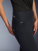 Alpinestars Woman Stella Flex-AST Leggings, Black high-waisted motorcycle pants, close-up of the hip area featuring the jacquard label, triple top-stitched side seams, and denim-inspired pocket detail, urban riding apparel for women