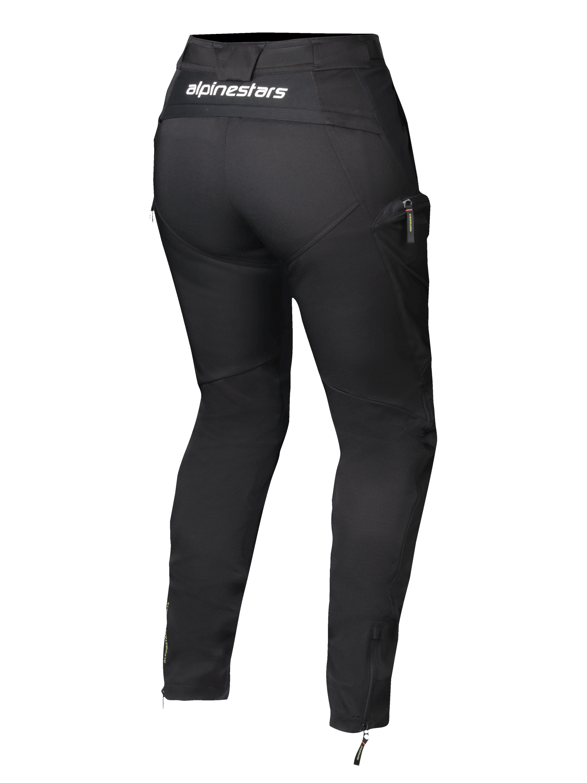 Alpinestars Actea Women's Pants, Black, back view featuring white branding on the waistband, tapered silhouette with side cargo pocket, ankle zippers, modern motorcycle riding pants