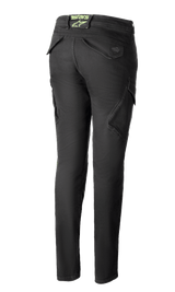 Alpinestars Caliber Women's Tech Riding Denim in Anthracite, rear view, slim fit combat-style pants with functional cargo pockets and a lime green astars logo on the back waist.