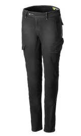 Alpinestars Caliber Women's Tech Riding Denim, Anthracite gray motorcycle cargo pants, slim-fit silhouette with angled side flap pockets, belt loops and button-zip closure, durable stretch Cordura denim, urban protective riding gear.