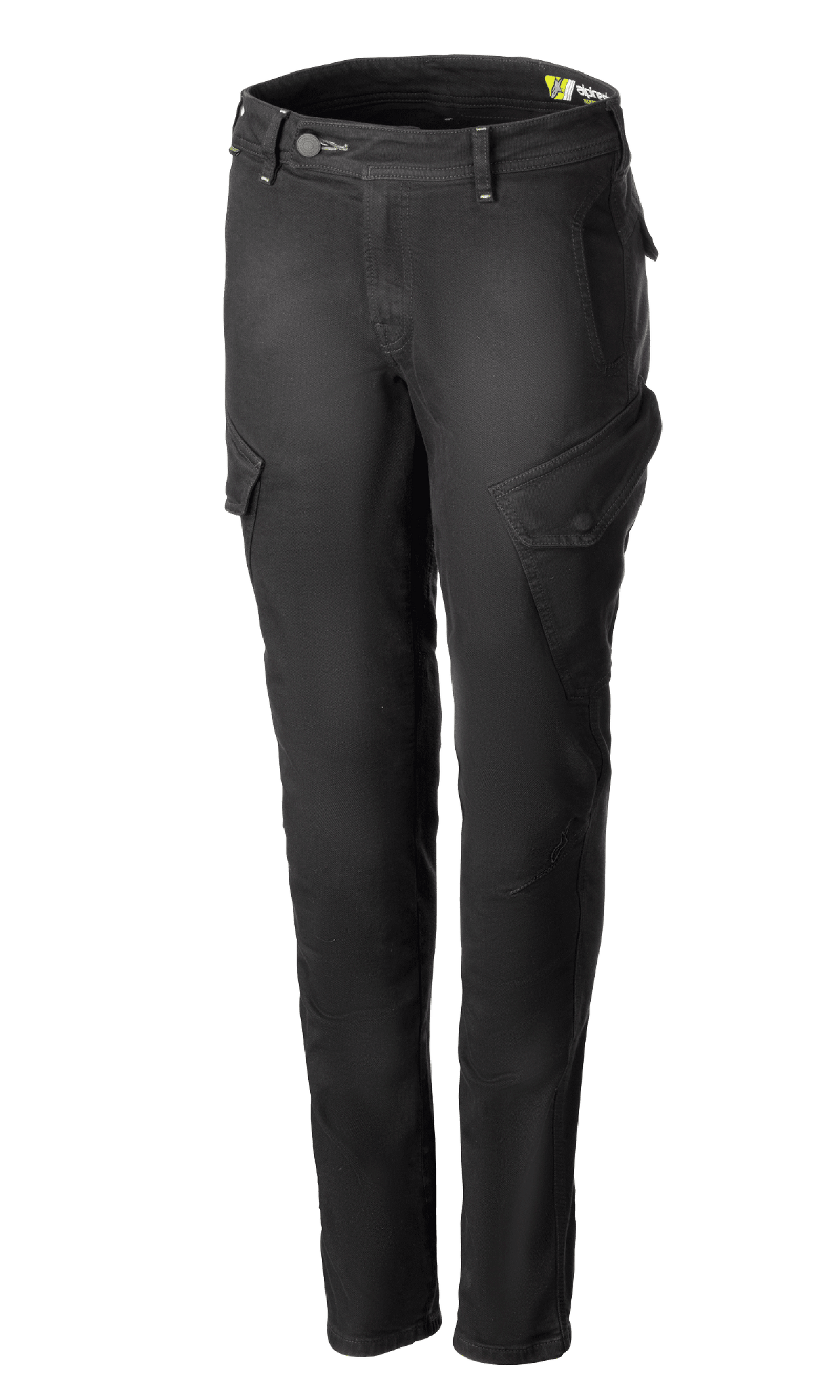 Alpinestars Caliber Women's Tech Riding Denim, Anthracite gray motorcycle cargo pants, slim-fit silhouette with angled side flap pockets, belt loops and button-zip closure, durable stretch Cordura denim, urban protective riding gear.