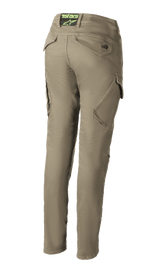 Alpinestars Caliber Women's Tech Riding Denim, Military Green motorcycle pants, back view showing slim fit combat design with angled cargo pockets, Astars logo on rear waistband, durable Cordura fabric.