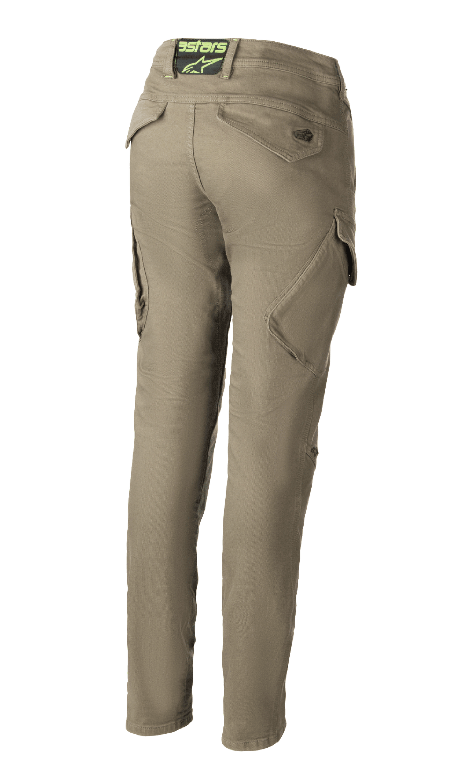 Alpinestars Caliber Women's Tech Riding Denim, Military Green motorcycle pants, back view showing slim fit combat design with angled cargo pockets, Astars logo on rear waistband, durable Cordura fabric.