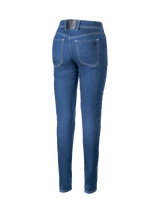 Alpinestars Daisy V3 Women's Riding Denim in Rinse Blue, featuring a slim fit, high back waist, and protective aramid reinforcement for urban motorcycle riding.