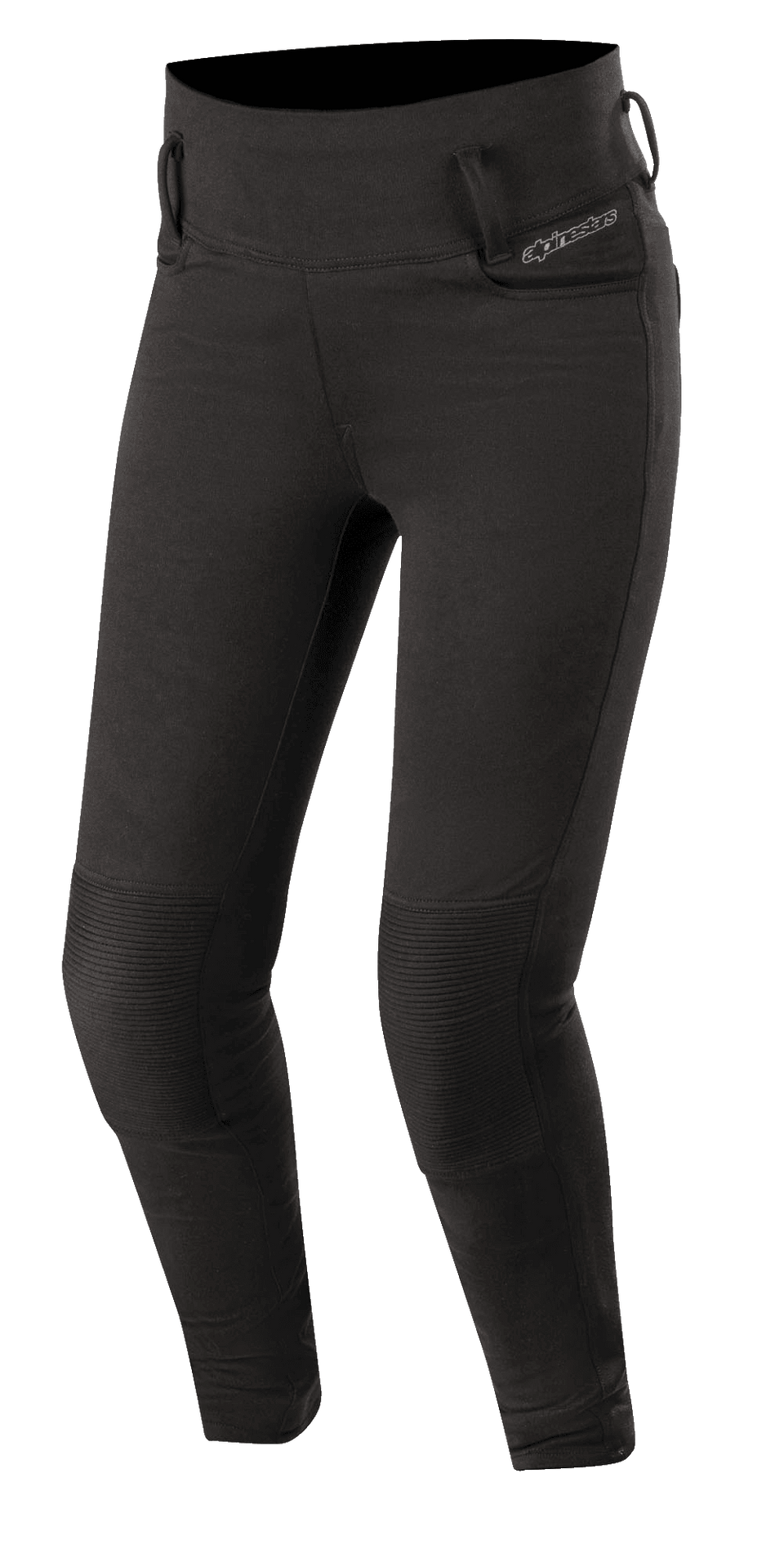 Alpinestars Banshee Women's Leggings, Black, fitted motorcycle riding leggings with reinforced ribbed knee panels, belt loops, and high-waisted design, sleek sporty look for urban road riding