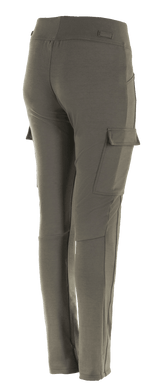 Alpinestars Women's Iria Leggings, Military Green, rear three-quarter view, featuring a cargo pocket on the thigh with flap closure, slim-fit design with anatomical profiling, textile construction for urban motorcycle riding