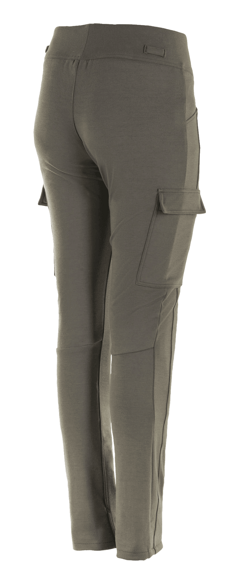 Alpinestars Women's Iria Leggings, Military Green, rear three-quarter view, featuring a cargo pocket on the thigh with flap closure, slim-fit design with anatomical profiling, textile construction for urban motorcycle riding