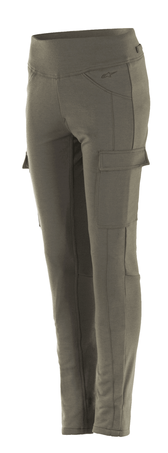 Alpinestars Women's Iria Leggings, Military Green motorcycle leggings, slim fit with side cargo pockets, wide elastic waistband, anatomically profiled urban riding gear